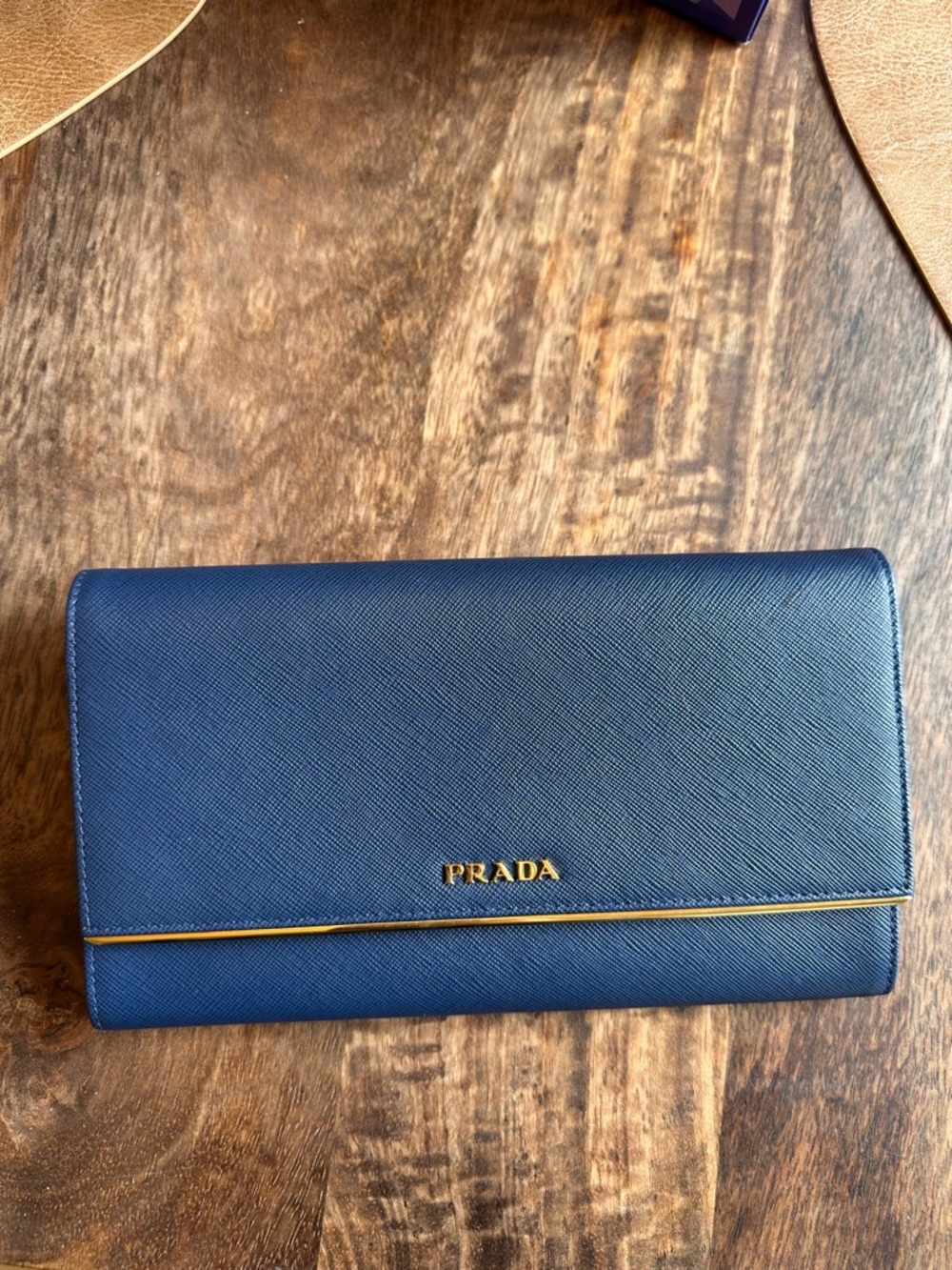 Prada Blue Saffiano Leather Continental Wallet with Gold Hardware